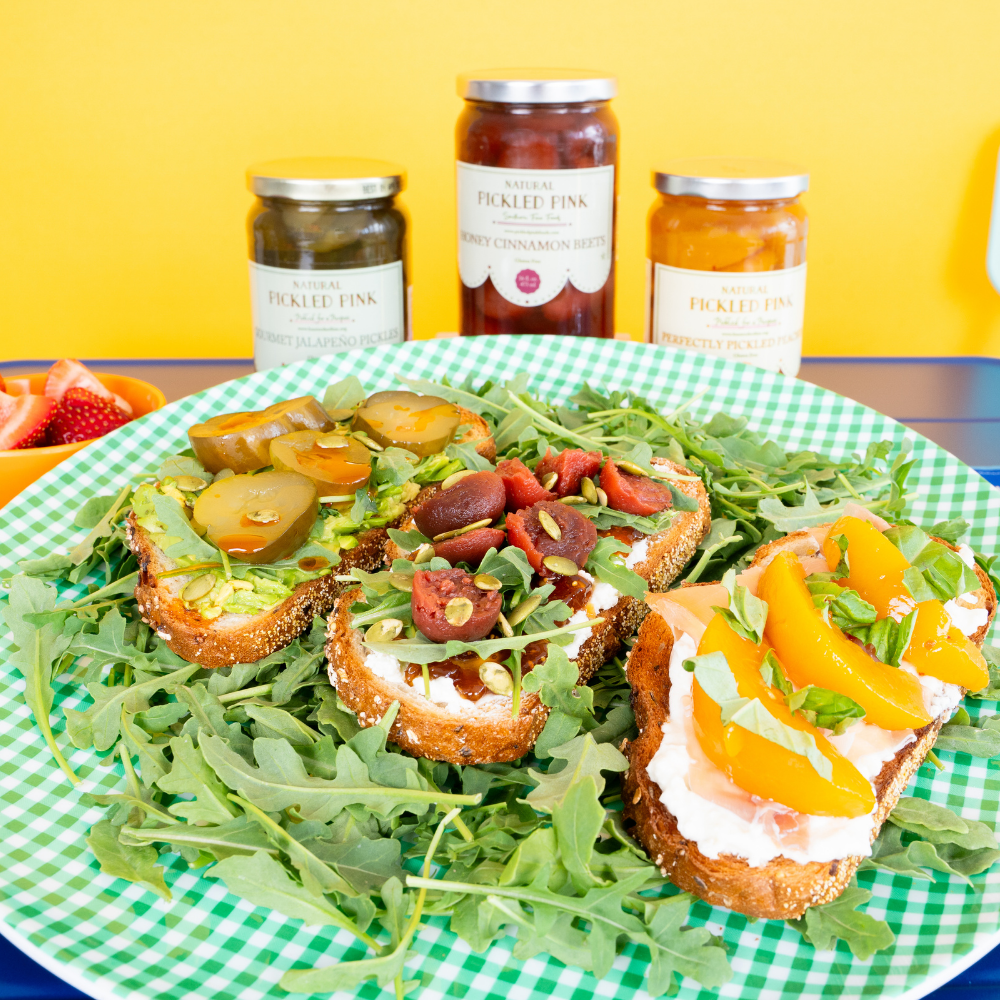 toast with pickled fruits and pickles