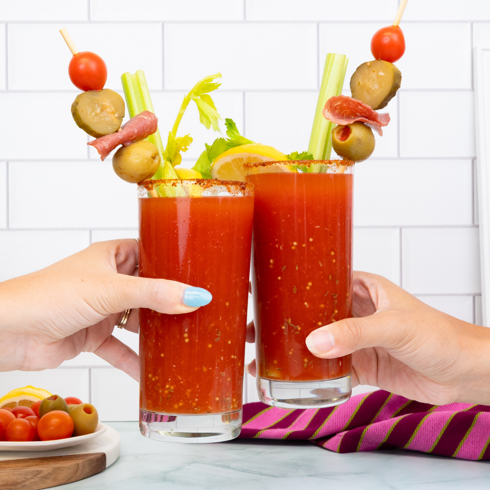 cheers shot of pickled bloody mary cocktail