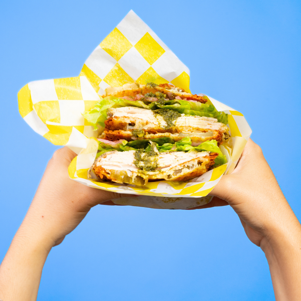 pickle sandwhich with cheese, turkey and pesto