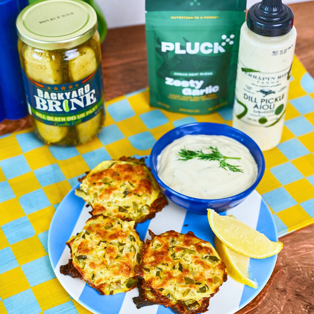 Pickle crisps on a blue striped plate with ingredients.