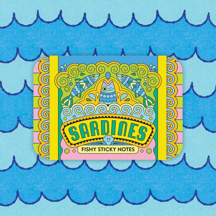 Pack of Sardines fishy sticky notes on a blue wavy background