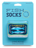 Packaged tinned fish-themed socks on white background