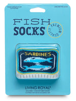 Packaged tinned fish-themed socks on white background
