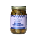 Jar of Gherkin Stuffed Olives from The Pickle Factory on a white background