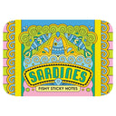 Colorful packaging of 'Sardines Fishy Sticky Notes' with fish illustrations on a white background.
