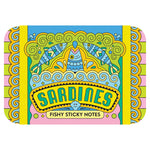 Colorful packaging of 'Sardines Fishy Sticky Notes' with fish illustrations on a white background.