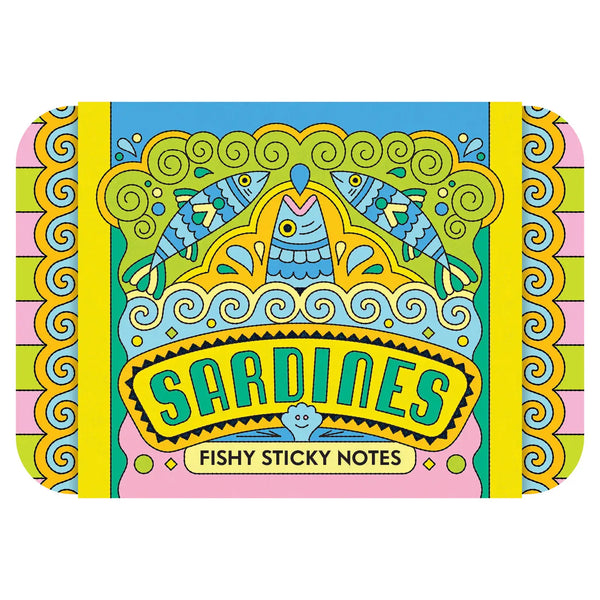 Colorful packaging of 'Sardines Fishy Sticky Notes' with fish illustrations on a white background.