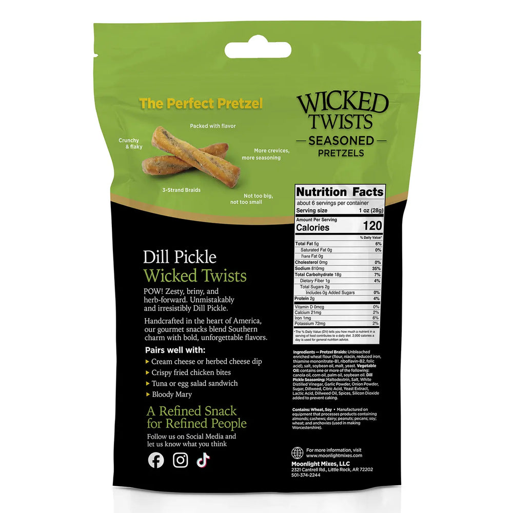 Packaging of Wicked Twists Dill Pickle seasoned pretzels showing nutrition facts