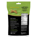 Packaging of Wicked Twists Dill Pickle seasoned pretzels showing nutrition facts
