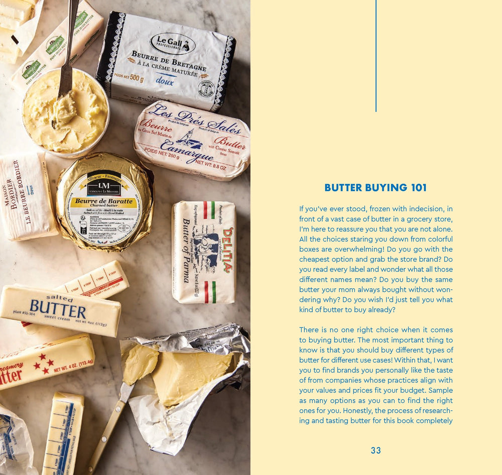 Assorted butter packages on a marble surface with text on butter buying.