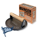 Burger Master cast iron press with wooden handle and packaging on a white background