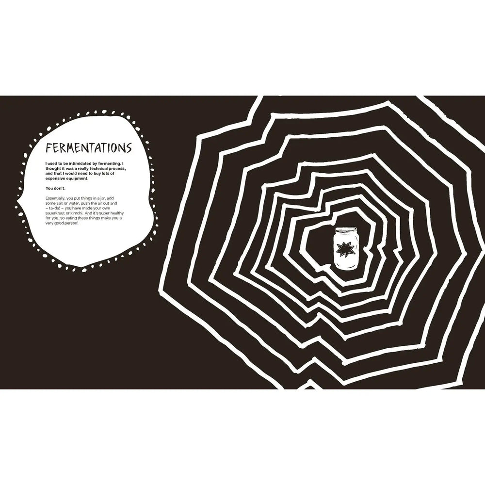 Page of a book showing black and white abstract design with text that says 'Fermentations'