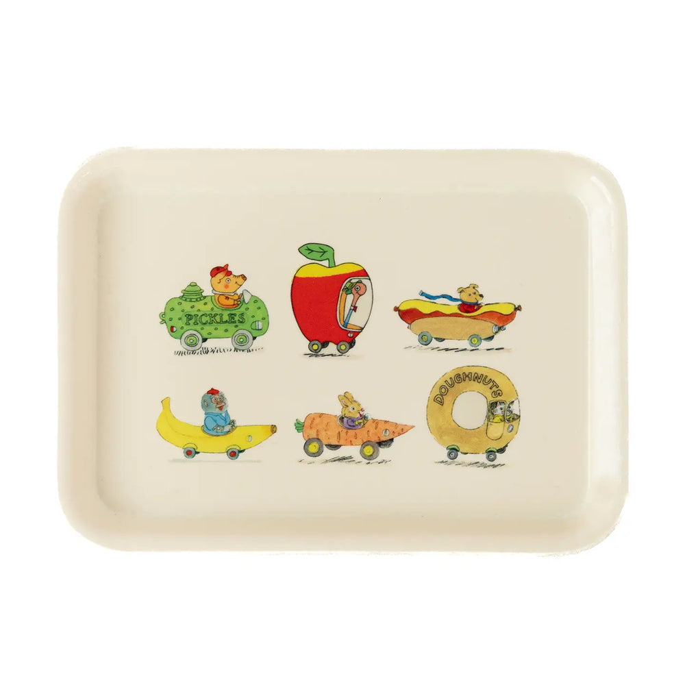 Beige tray with colorful Richard Scarry characters on a white background