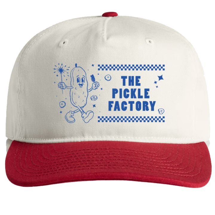 Cap with cartoon pickle design and 'The Pickle Factory' text on a white background