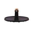 Cast iron burger press with wooden handle on a white background