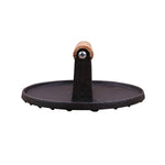 Cast iron burger press with wooden handle on a white background