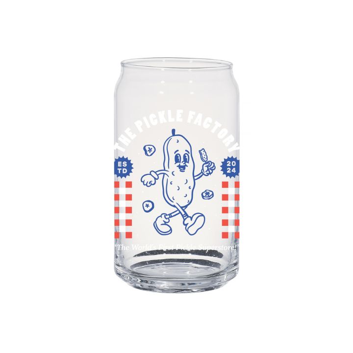 Clear glass with cartoon pickle design and text on a white background