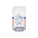Clear glass with cartoon pickle design and text on a white background
