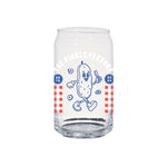 Clear glass with cartoon pickle design and text on a white background