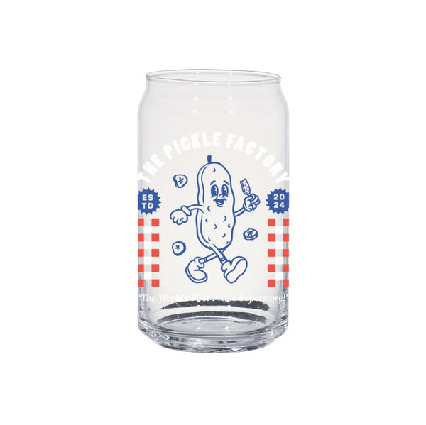 Clear glass with cartoon pickle design and text on a white background