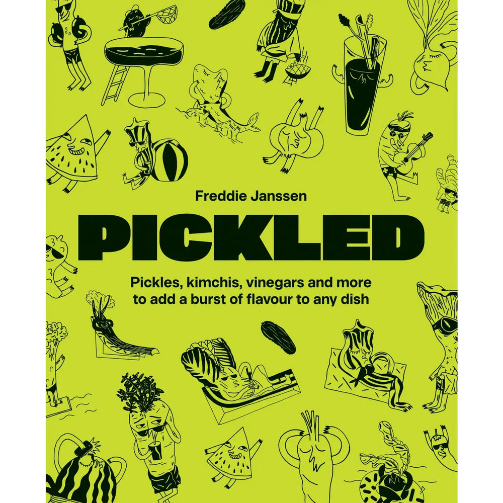 Book cover of 'Pickled' by Freddie Janssen with vegetable illustrations on a green background