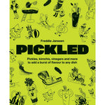 Book cover of 'Pickled' by Freddie Janssen with vegetable illustrations on a green background