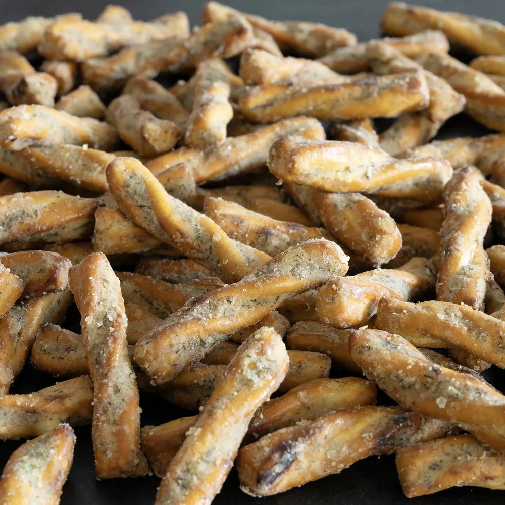 Close-up of a pile of dill pickle pretzel twists