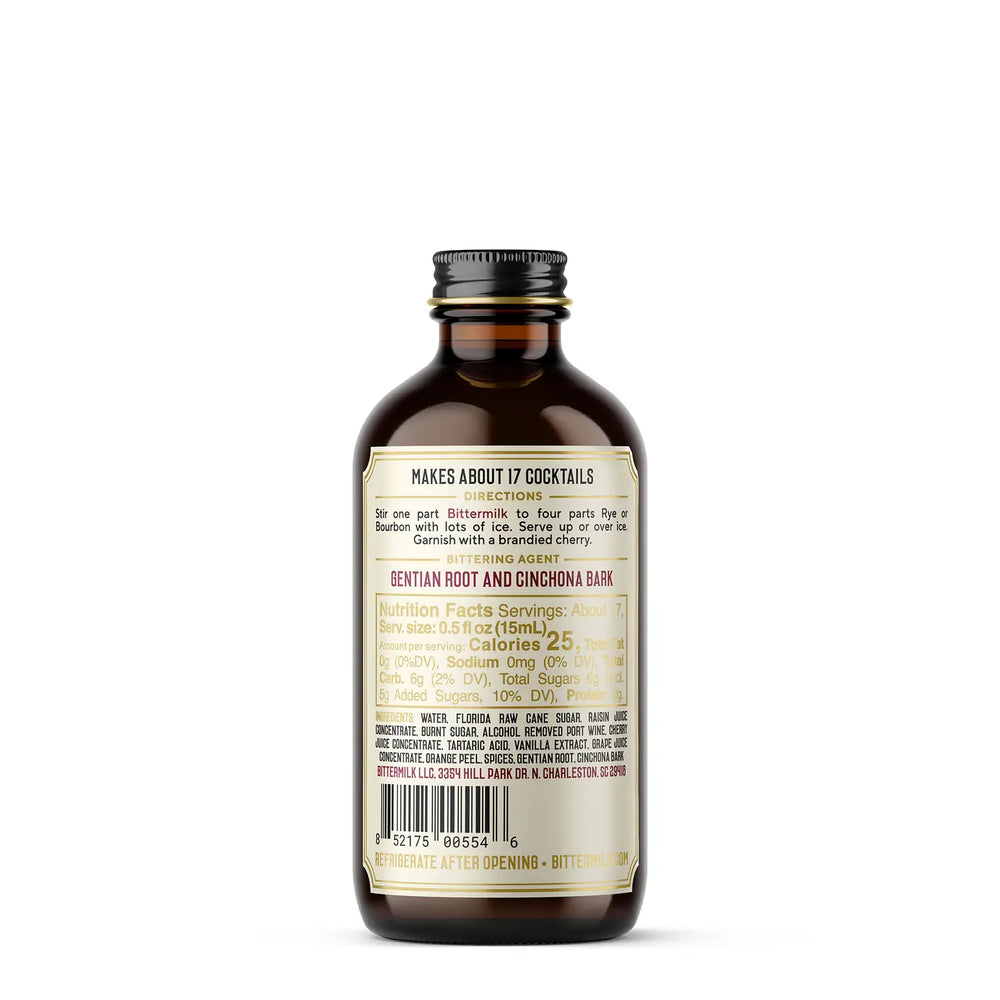 The back of a Bittermilk Cocktail Mixer bottle showing ingredients and nutritional facts. 