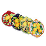 Set of four coasters with lemon designs on a white background