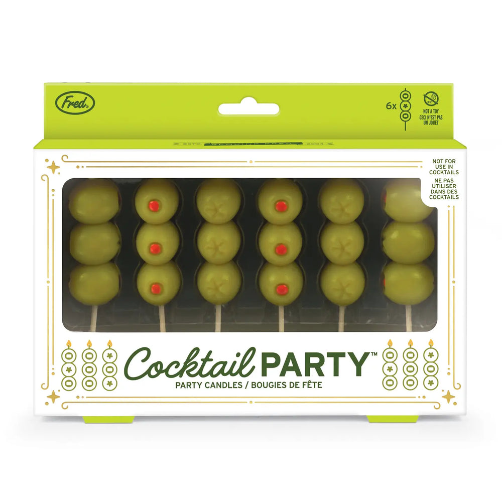 Packaging of candles that look like stacked cocktail olives on a toothpick