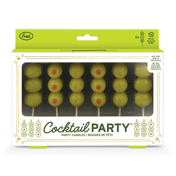 Packaging of candles that look like stacked cocktail olives on a toothpick
