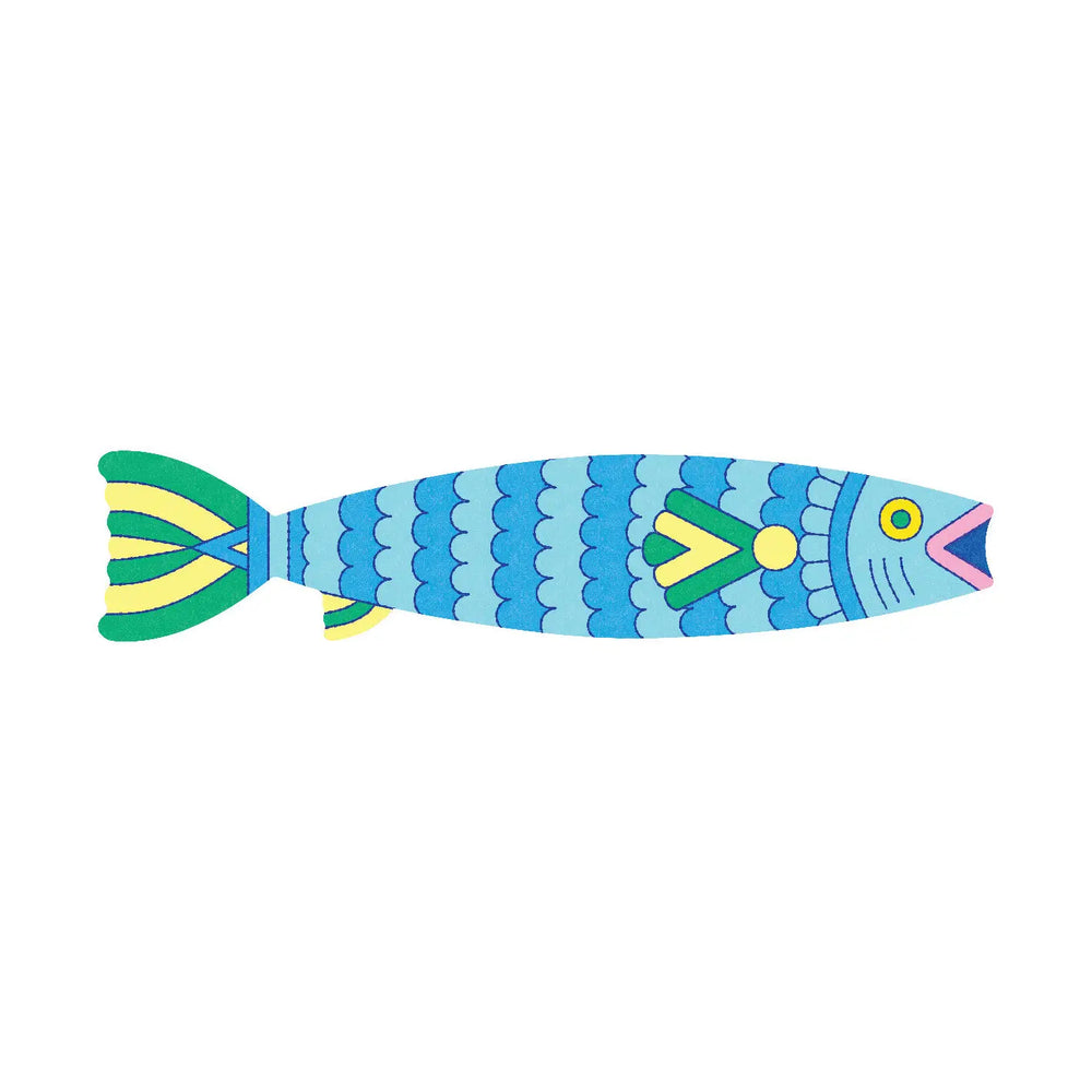 Blue sardine sticky note on a white background