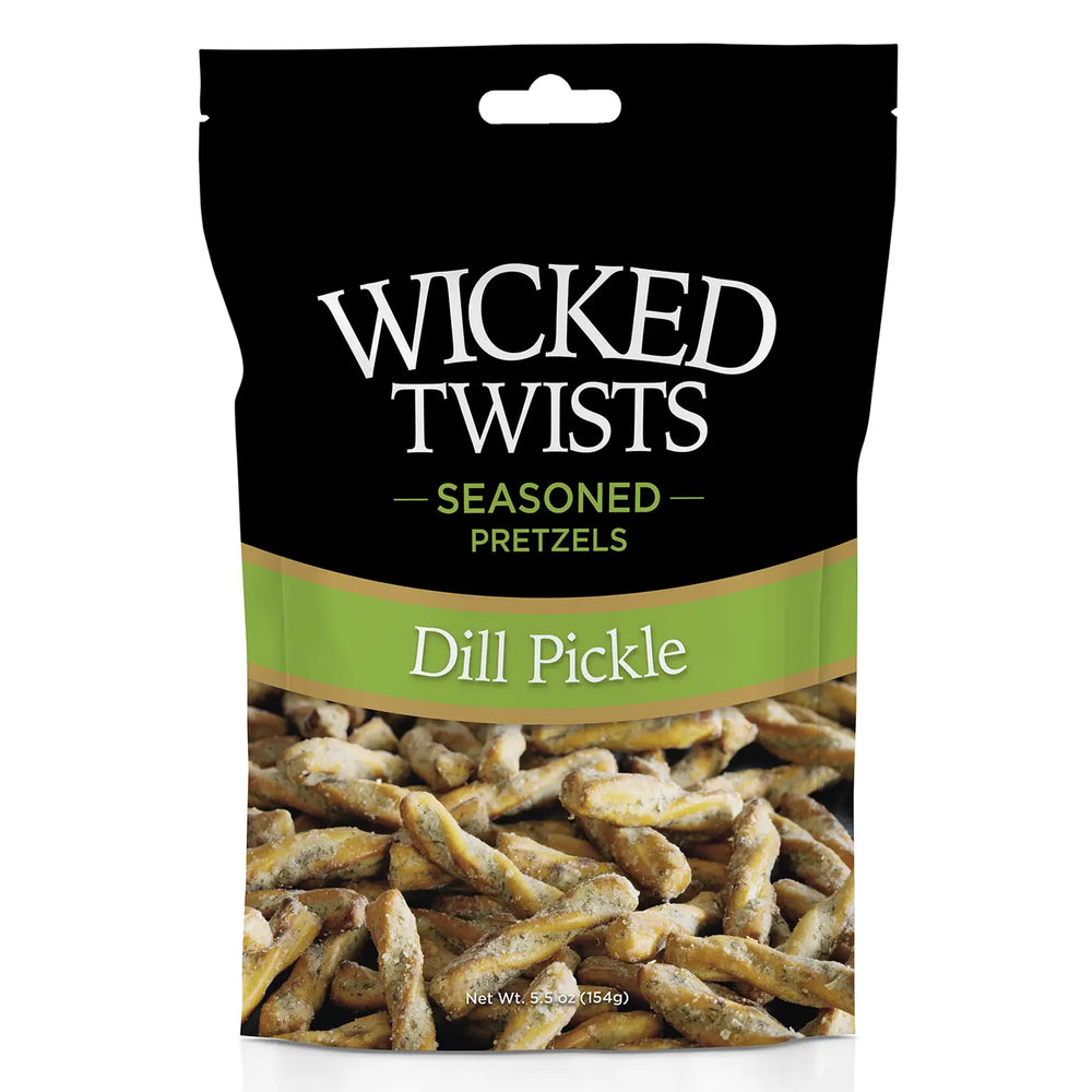 Packaging of Wicked Twists Dill Pickle seasoned pretzels on a white background