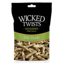 Packaging of Wicked Twists Dill Pickle seasoned pretzels on a white background
