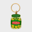 Keychain shaped like a jar of pickles with 'Pickles' text on a white background
