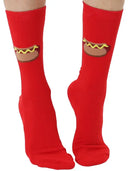 Red socks with a hot dog design on a white background