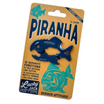 Piranha multi tool set packaging with blue tool and green fish illustrations on a branded backer card.