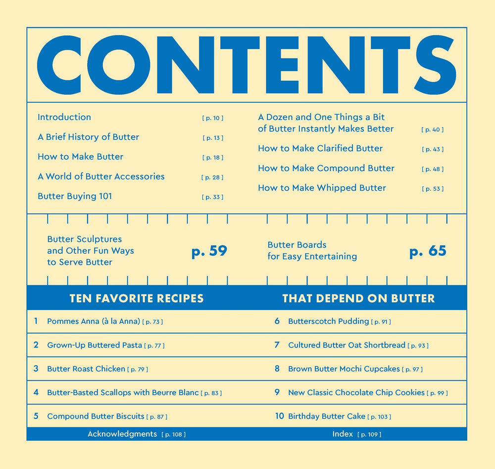 Table of contents for a book about butter