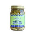 Jar of Crinkle Dill Pickle Chips from The Pickle Factory on a white background