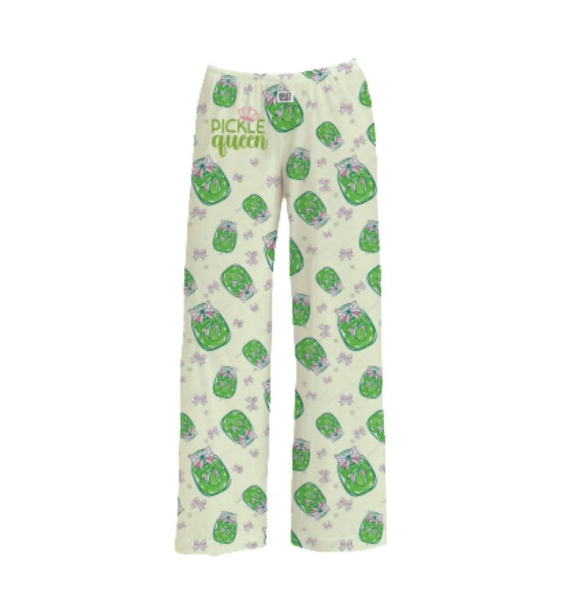 Pajama pants with pickle pattern and 'Pickle Queen' text on a white background