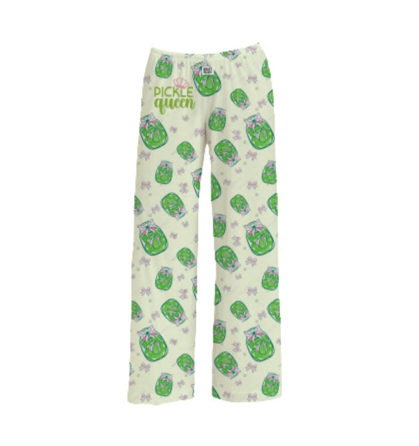 Pajama pants with pickle pattern and 'Pickle Queen' text on a white background