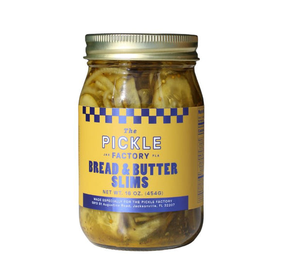 Jar of Bread and Butter Slim Pickles from The Pickle Factory on a white background.