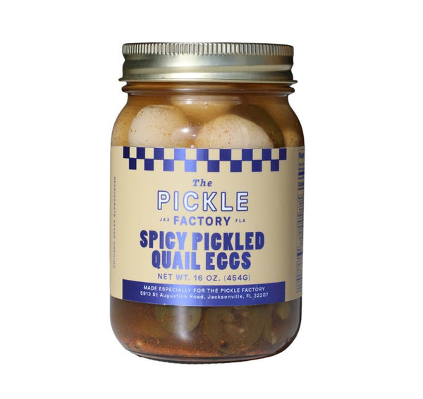 Jar of Spicy Pickled Quail Eggs from The Pickle Factory on a white background