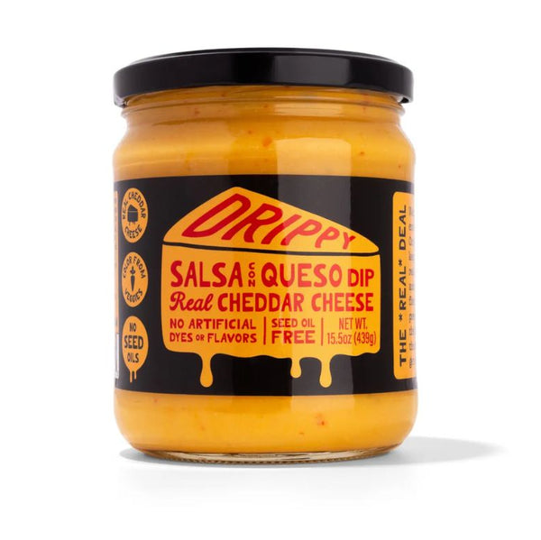 Jar of Drippy Salsa Con Queso Dip on a white background.