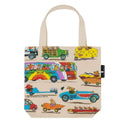Richard Scarry's Things That Go design on a small canvas tote back on a white background.