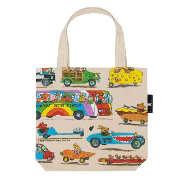 Richard Scarry's Things That Go design on a small canvas tote back on a white background.