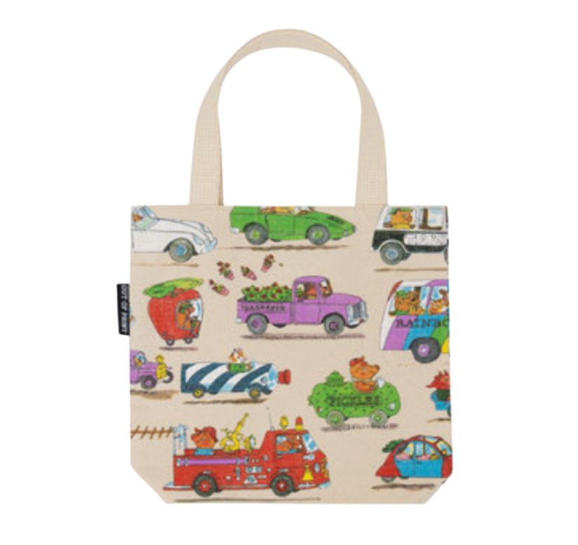 Richard Scarry's Things That Go design on a small canvas tote back on a white background.