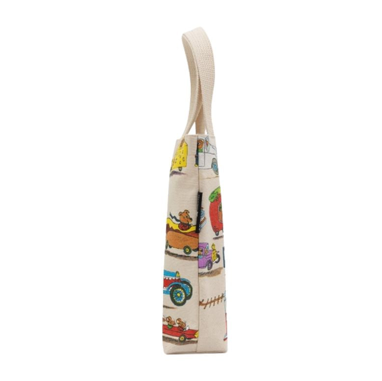 The side view of the Richard Scarry Things That Go mini canvas tote.