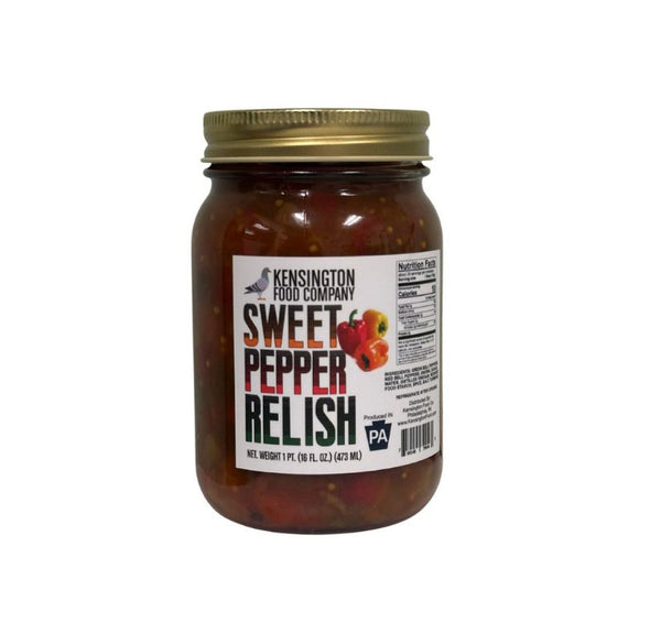 A jar of Sweet Pepper Relish on a white background.