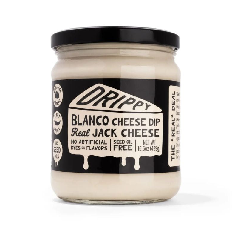 Jar of Drippy Blanco Cheese Dip on a white background
